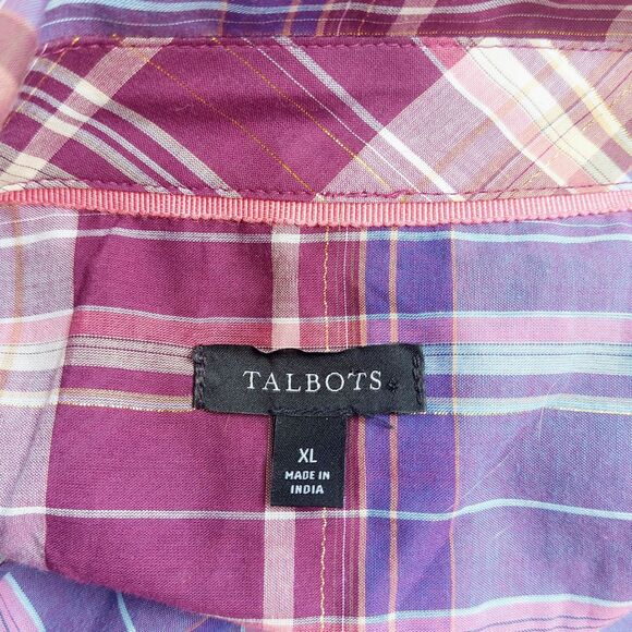 Talbots Fabulous Plaid Cotton Button Front Shirt Women's XL Metallic Threading - Picture 6 of 9